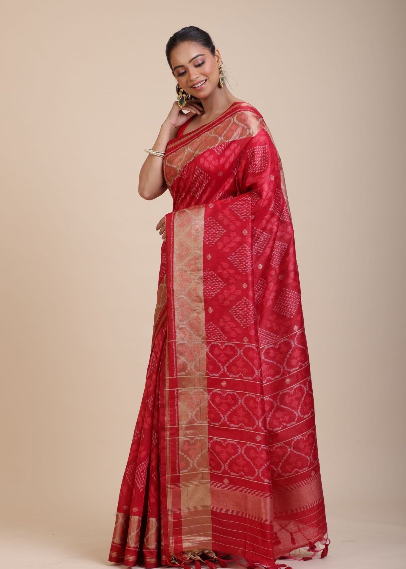 Red Patola Saree With Golden Border - Anvi Couture