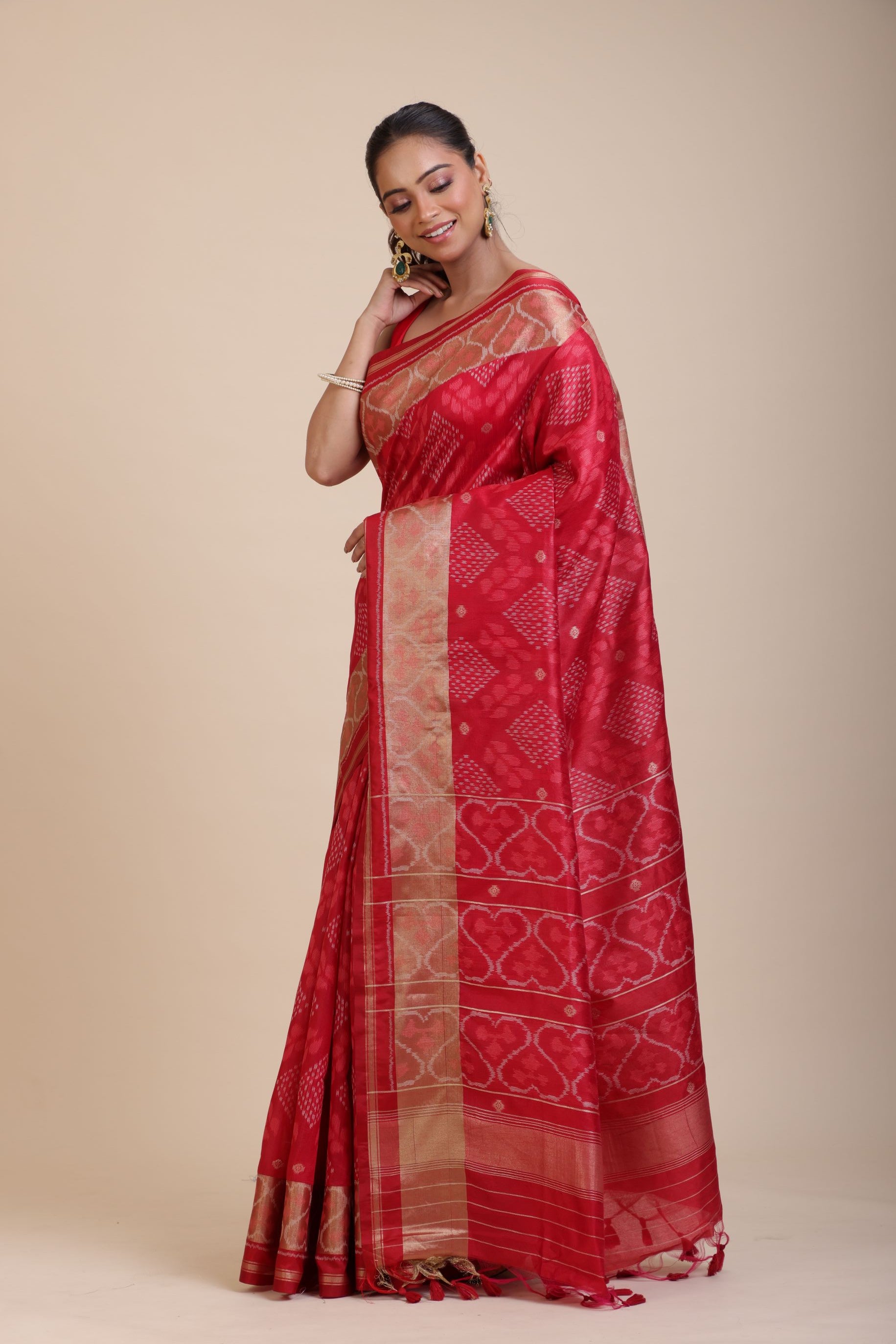 Red Patola Saree With Golden Border front