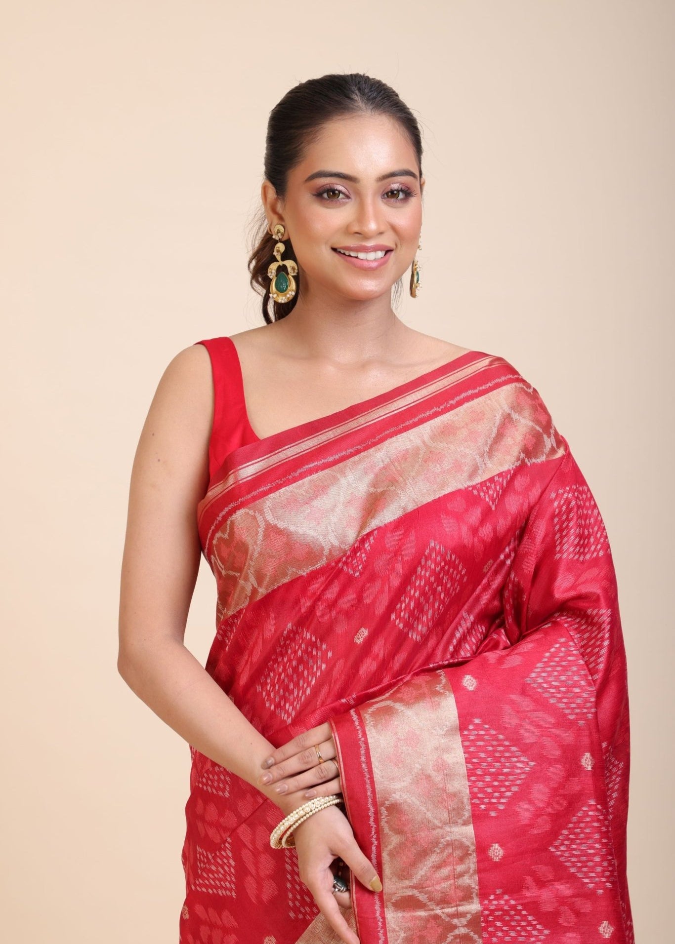 Red Patola Saree With Golden Border - Anvi Couture