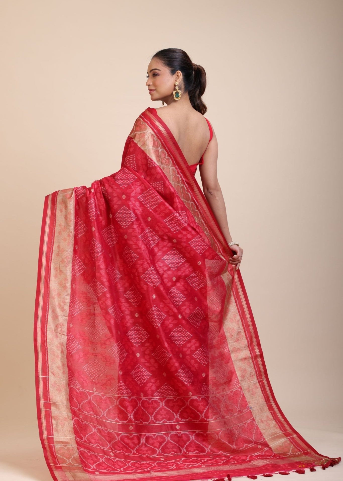 Red Patola Saree With Golden Border - Anvi Couture