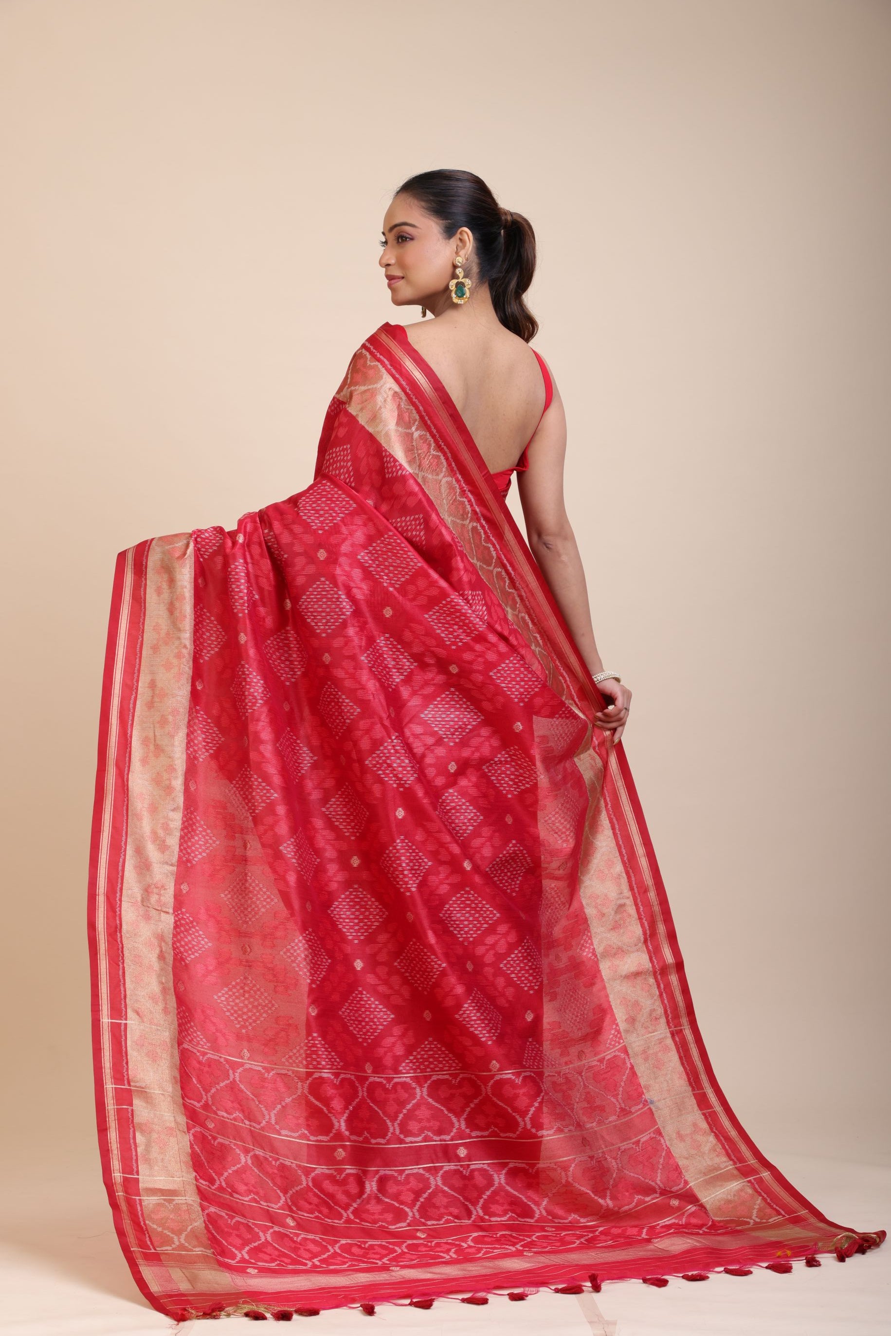 Red Patola Saree With Golden Border back