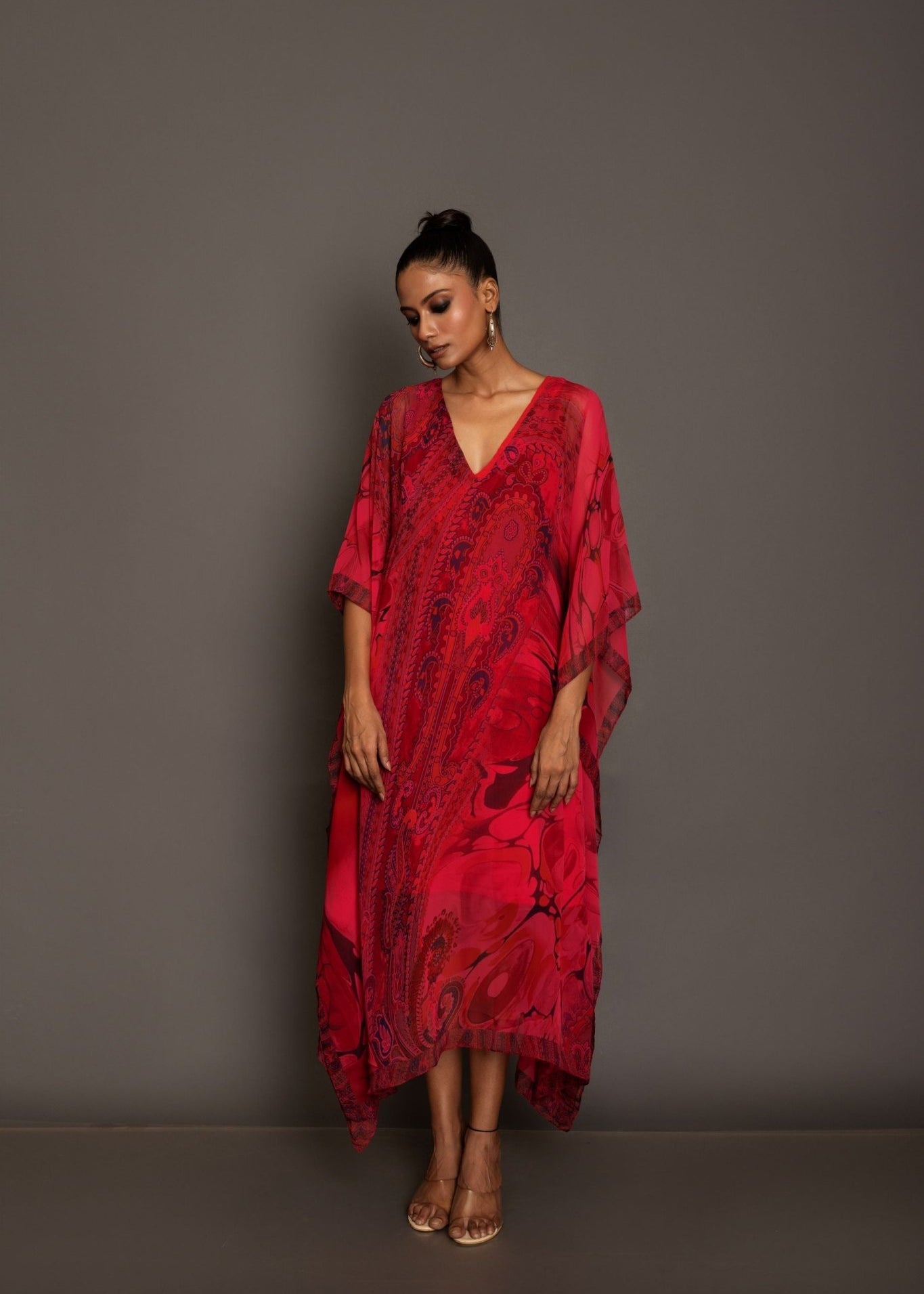 Red Printed Kaftan Dress - Anvi Couture