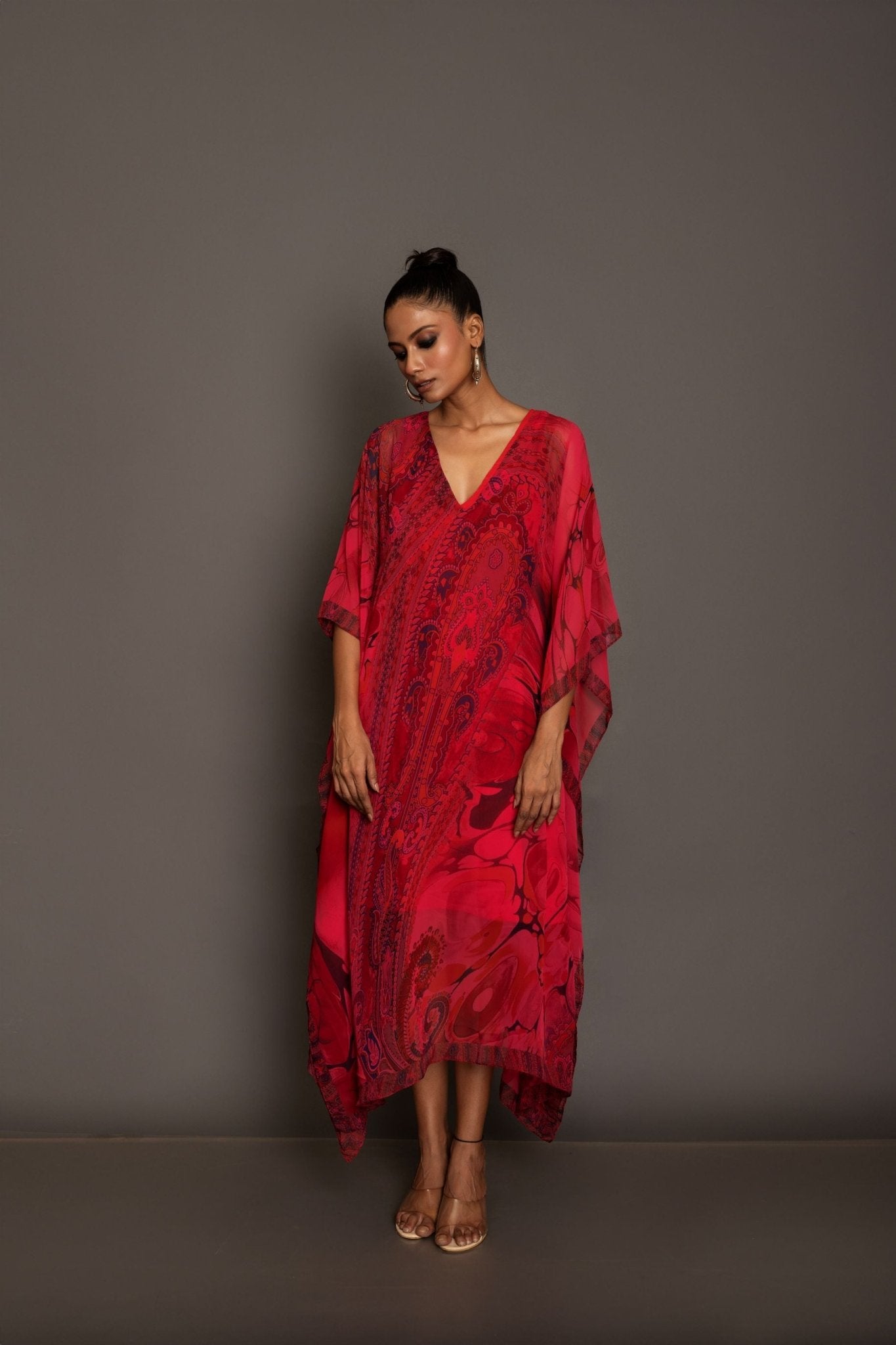 Red Printed Kaftan Dress - Anvi Couture