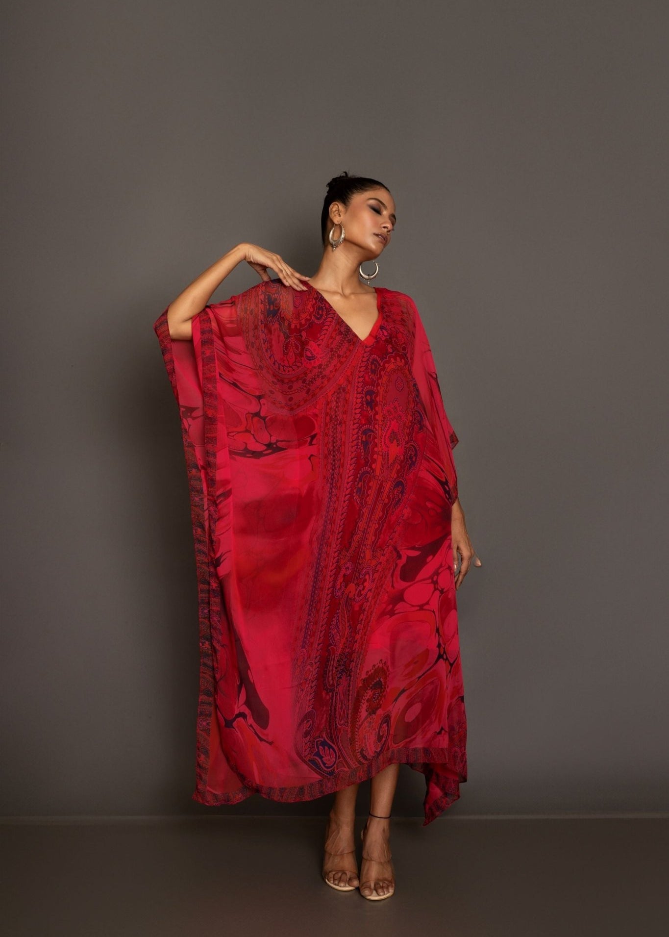Red Printed Kaftan Dress - Anvi Couture