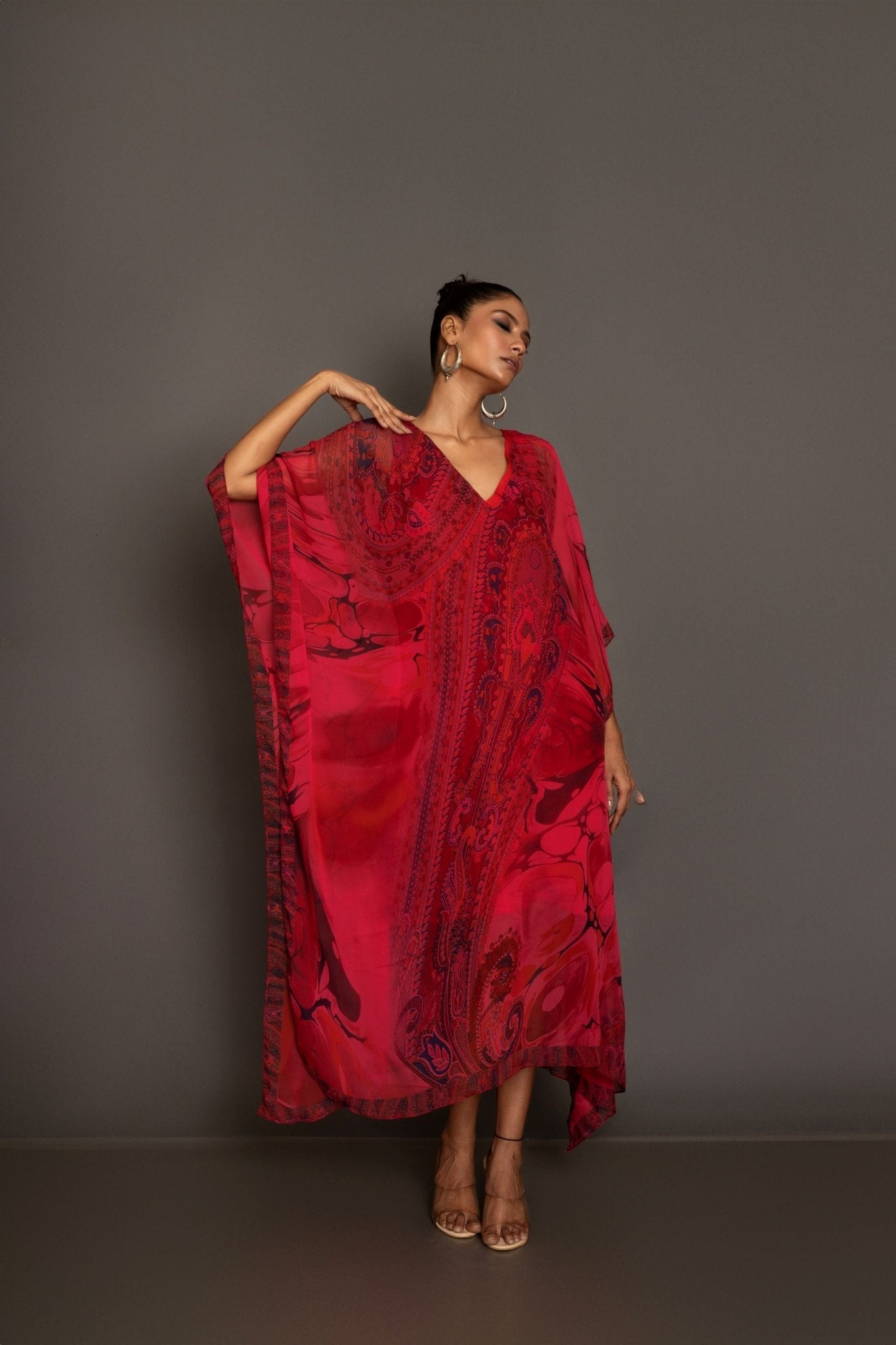 Red Printed Kaftan Dress - Anvi Couture