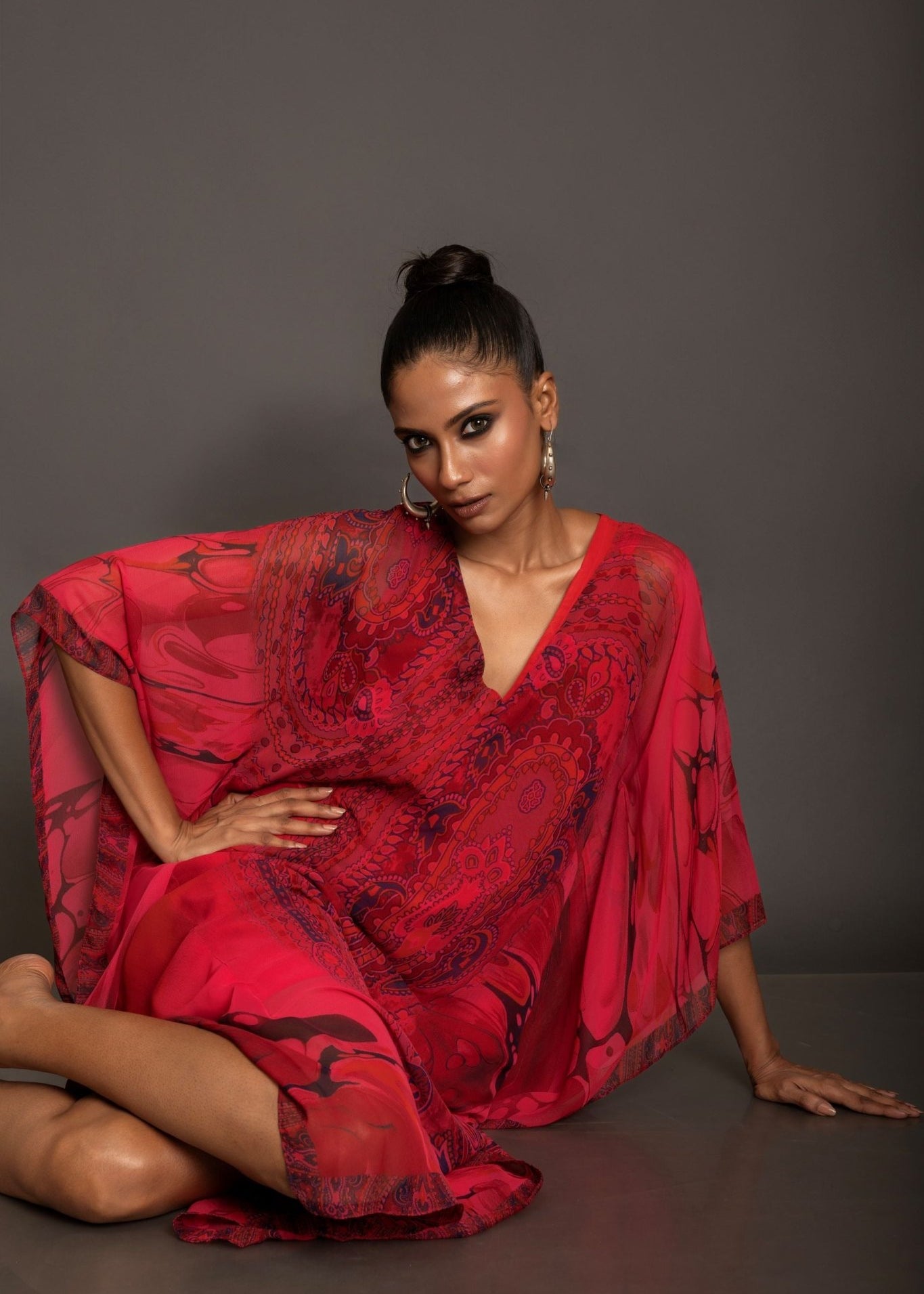 Red Printed Kaftan Dress - Anvi Couture