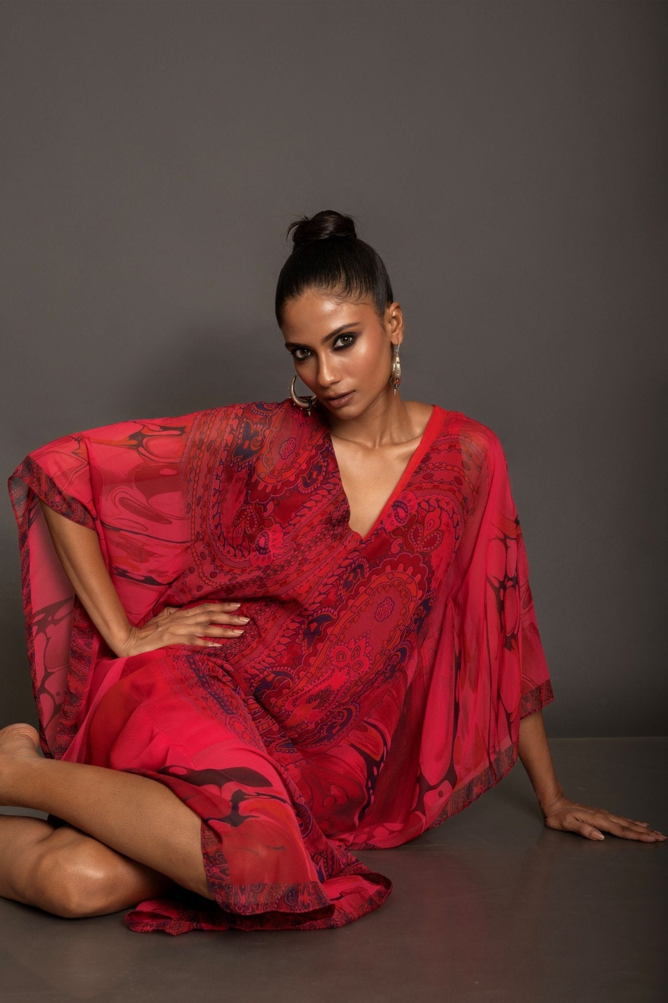 Red Printed Kaftan Dress - Anvi Couture
