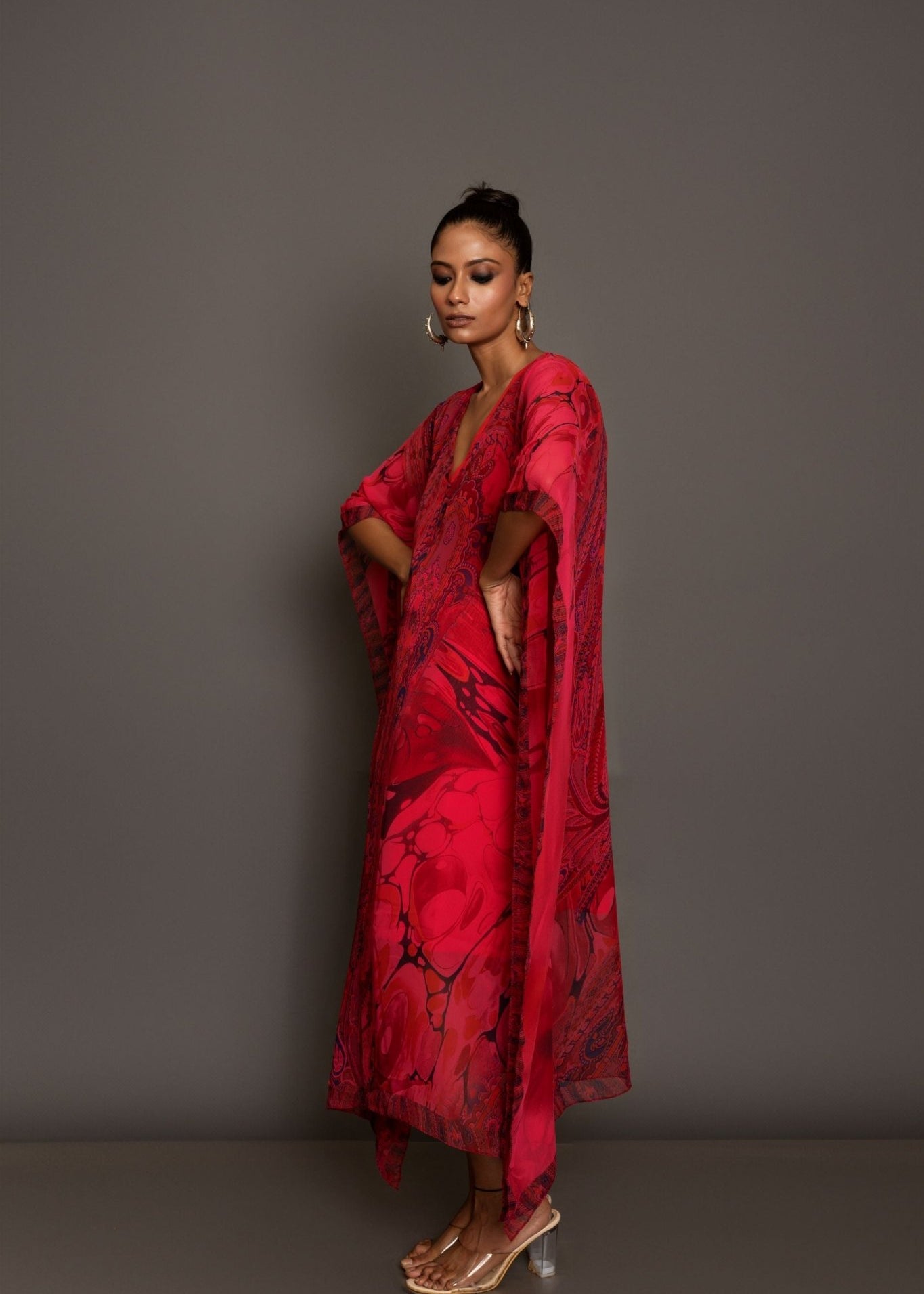 Red Printed Kaftan Dress - Anvi Couture