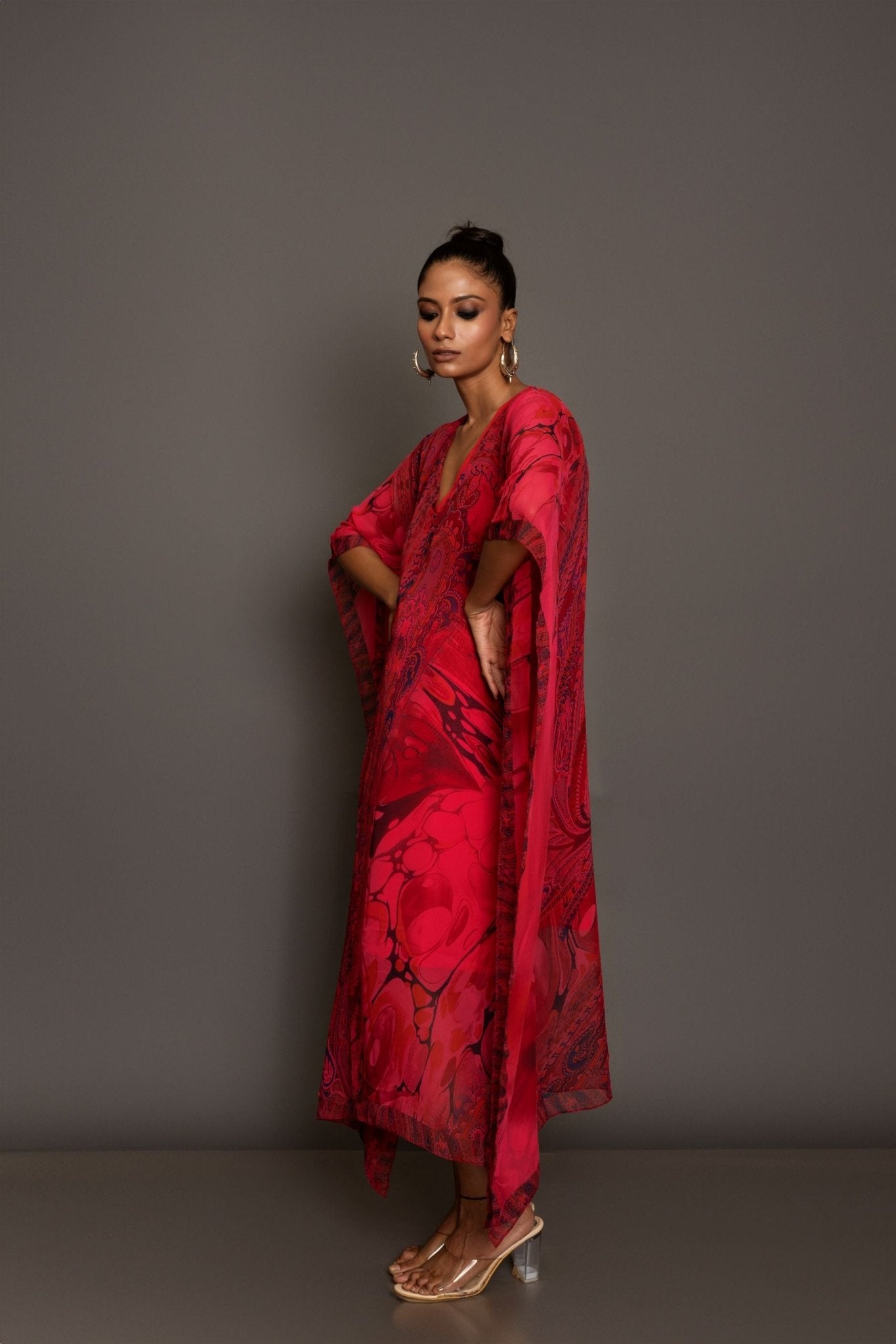 Red Printed Kaftan Dress - Anvi Couture