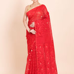Red Pure Bangladeshi Dhakai Jamdani Saree with allover weaving with golden booties - Anvi Couture