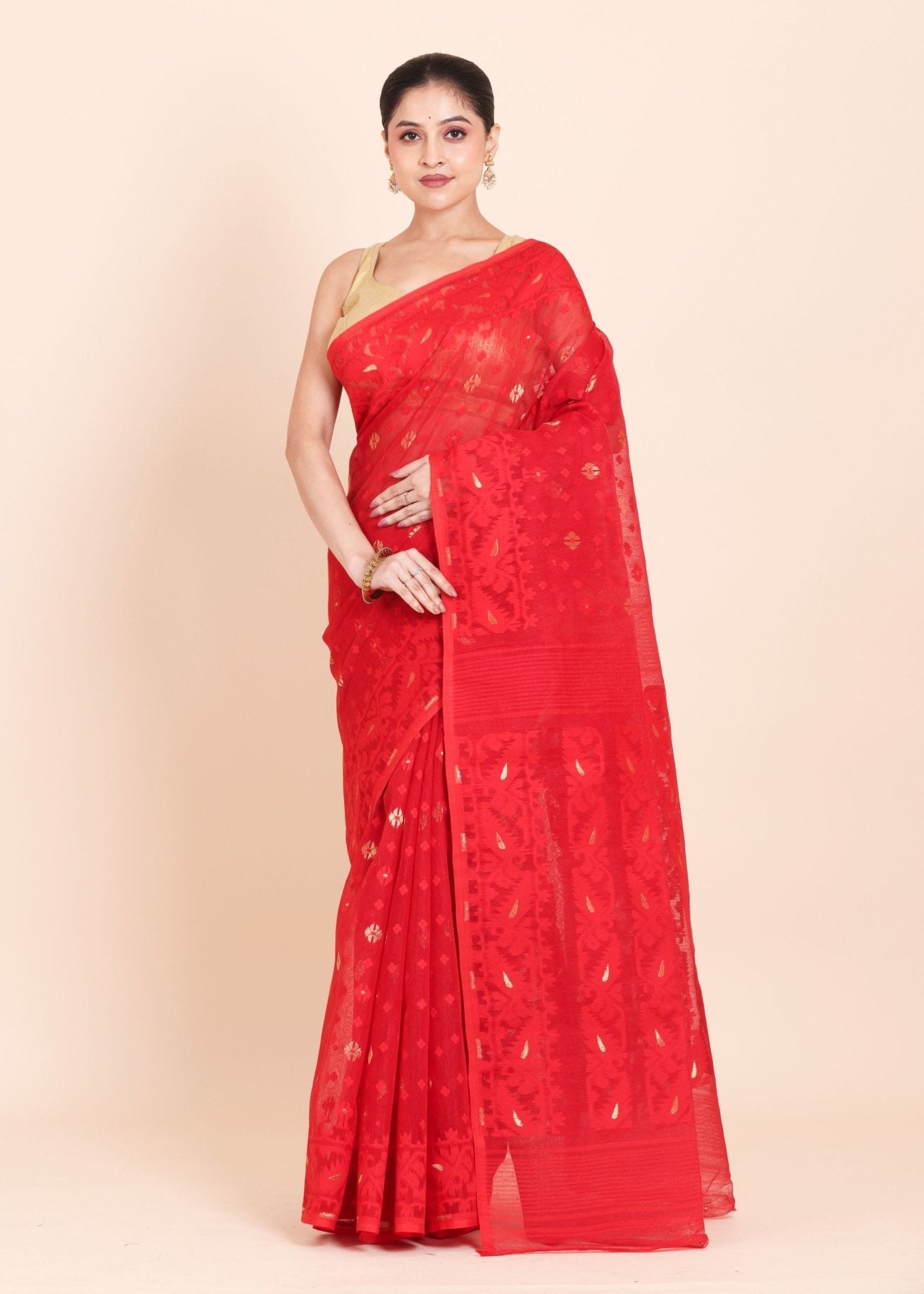 Red Pure Bangladeshi Dhakai Jamdani Saree with allover weaving with golden booties - Anvi Couture
