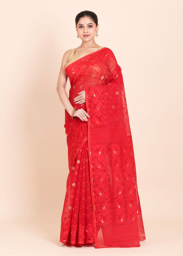 Red Pure Bangladeshi Dhakai Jamdani Saree with allover weaving with golden booties - Anvi Couture