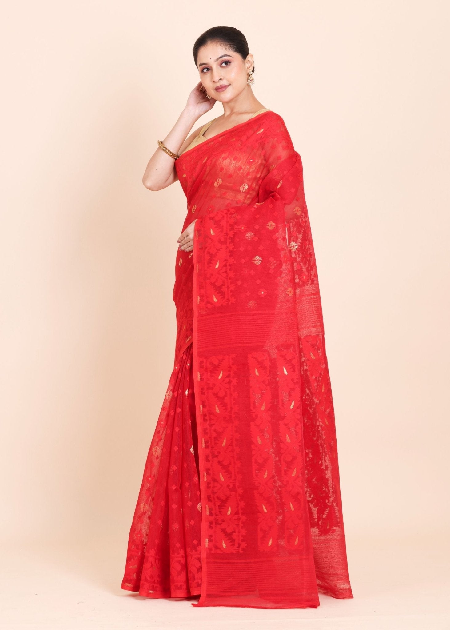 Red Pure Bangladeshi Dhakai Jamdani Saree with allover weaving with golden booties - Anvi Couture