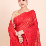 Red Pure Bangladeshi Dhakai Jamdani Saree with allover weaving with golden booties - Anvi Couture