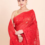 Red Pure Bangladeshi Dhakai Jamdani Saree with allover weaving with golden booties - Anvi Couture