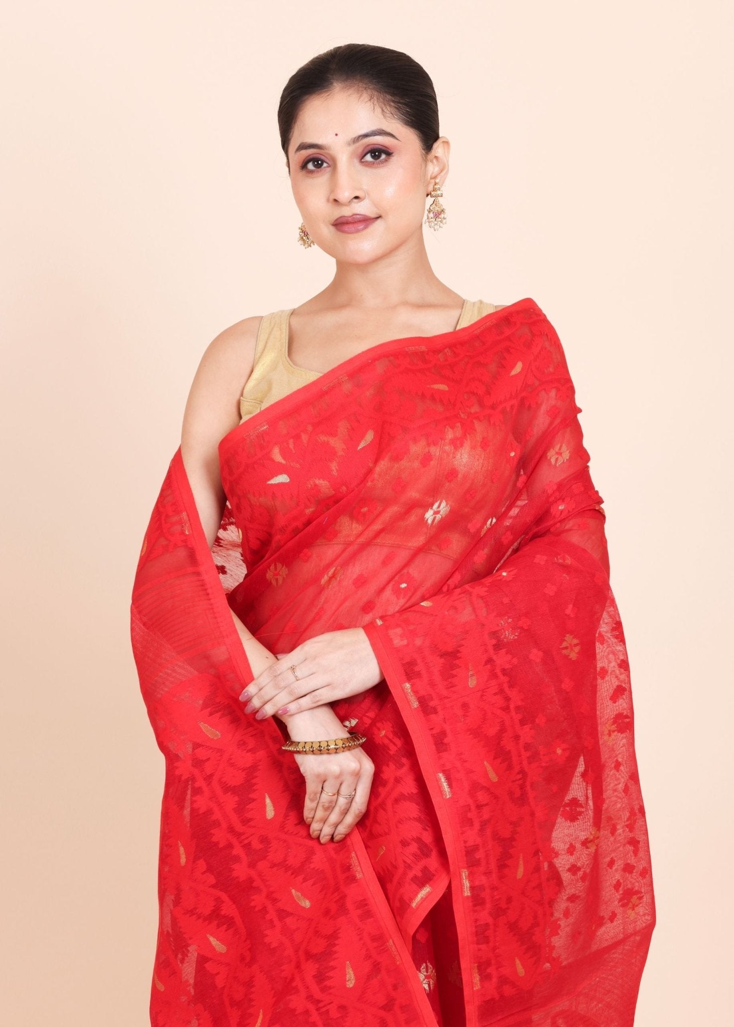 Red Pure Bangladeshi Dhakai Jamdani Saree with allover weaving with golden booties - Anvi Couture