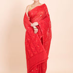 Red Pure Bangladeshi Dhakai Jamdani Saree with allover weaving with golden booties - Anvi Couture