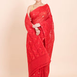 Red Pure Bangladeshi Dhakai Jamdani Saree with allover weaving with golden booties - Anvi Couture
