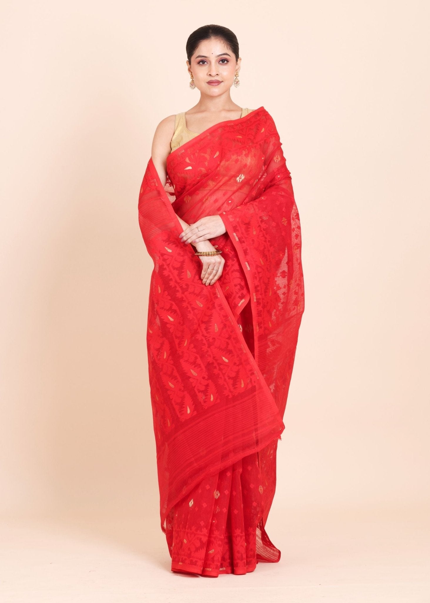 Red Pure Bangladeshi Dhakai Jamdani Saree with allover weaving with golden booties - Anvi Couture