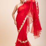 Red Ruffle Organza Saree with Golden Border - Anvi Couture