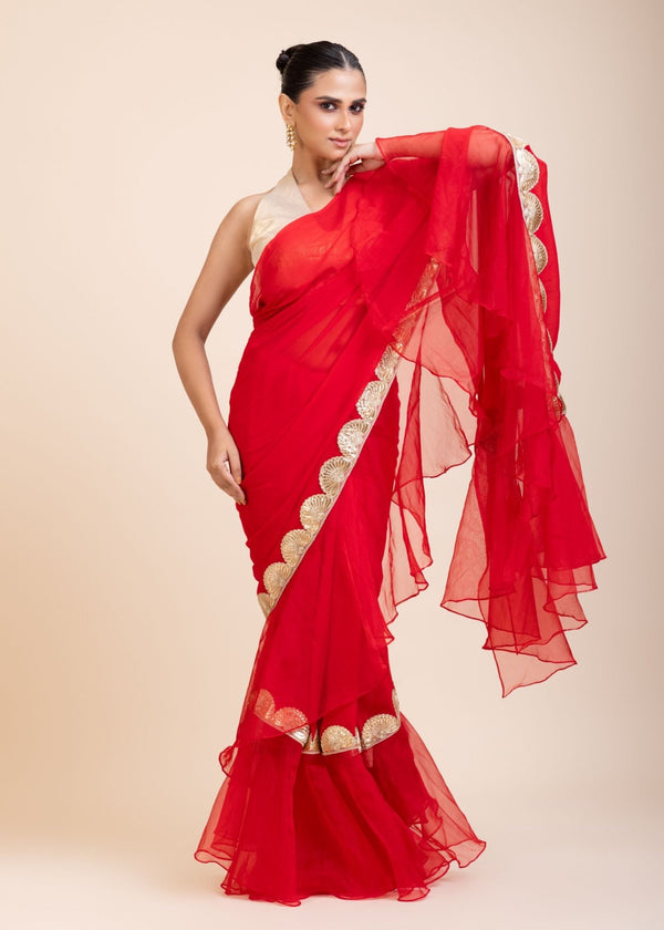 Red Ruffle Organza Saree with Golden Border - Anvi Couture