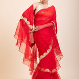 Red Ruffle Organza Saree with Golden Border - Anvi Couture