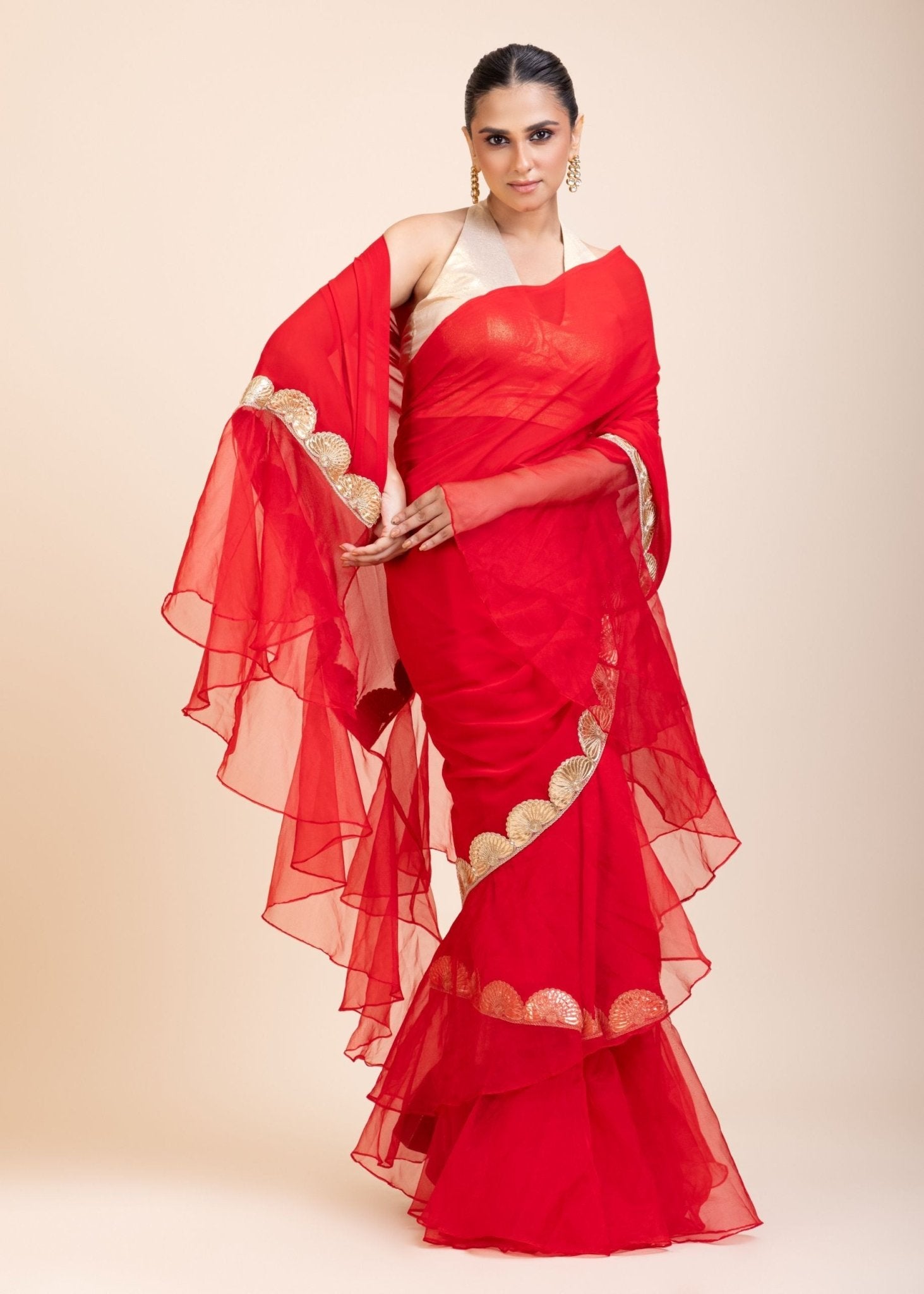 Red Ruffle Organza Saree with Golden Border - Anvi Couture