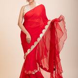 Red Ruffle Organza Saree with Golden Border - Anvi Couture