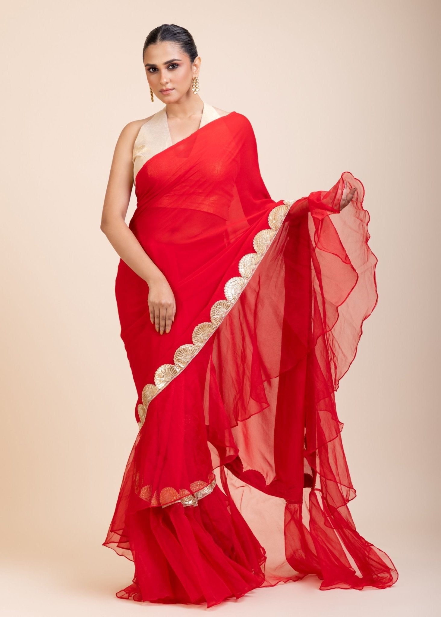 Red Ruffle Organza Saree with Golden Border - Anvi Couture