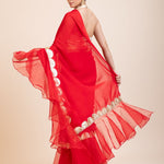 Red Ruffle Organza Saree with Golden Border - Anvi Couture