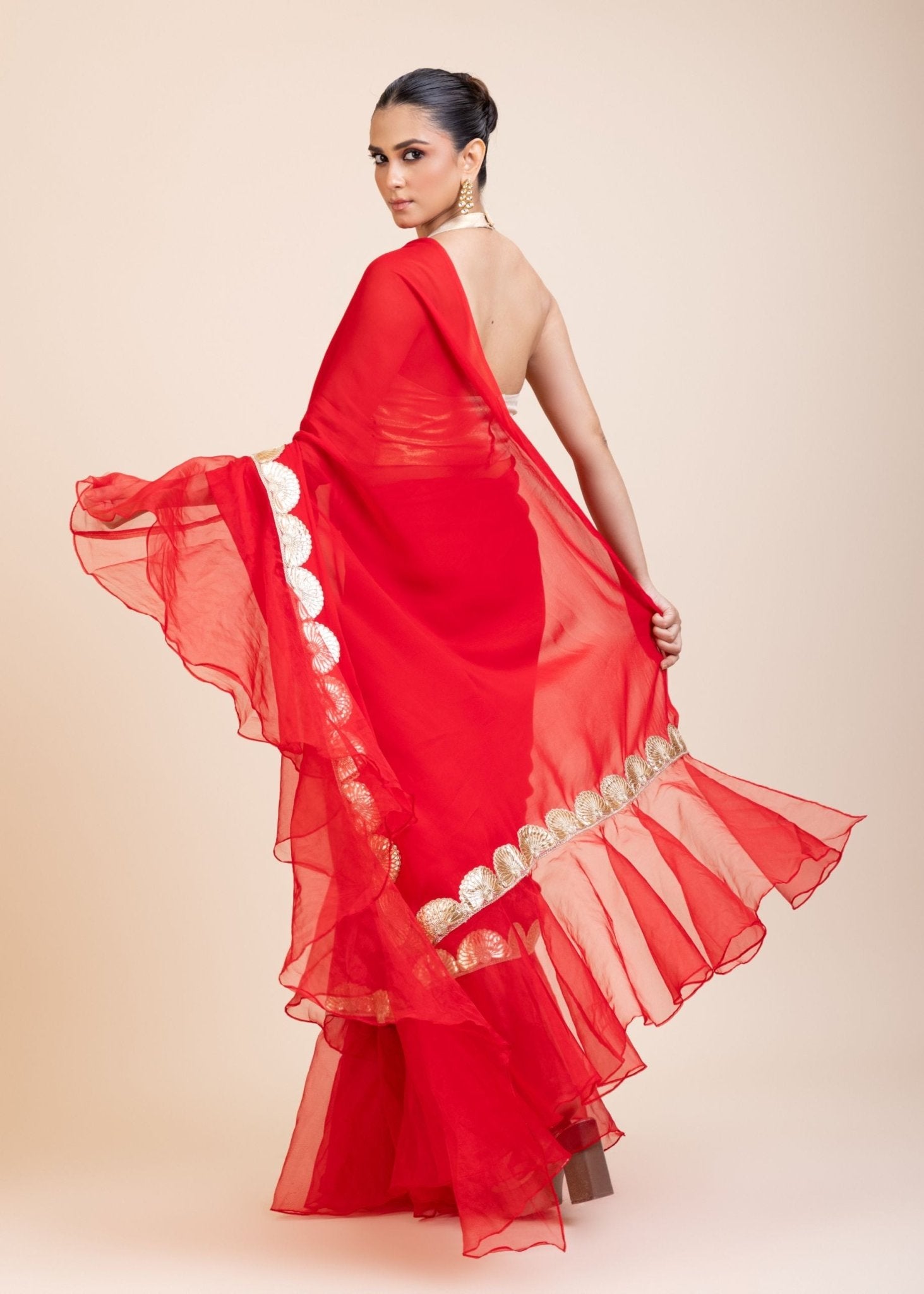Red Ruffle Organza Saree with Golden Border - Anvi Couture