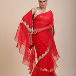 Red Ruffle Organza Saree with Golden Border Full