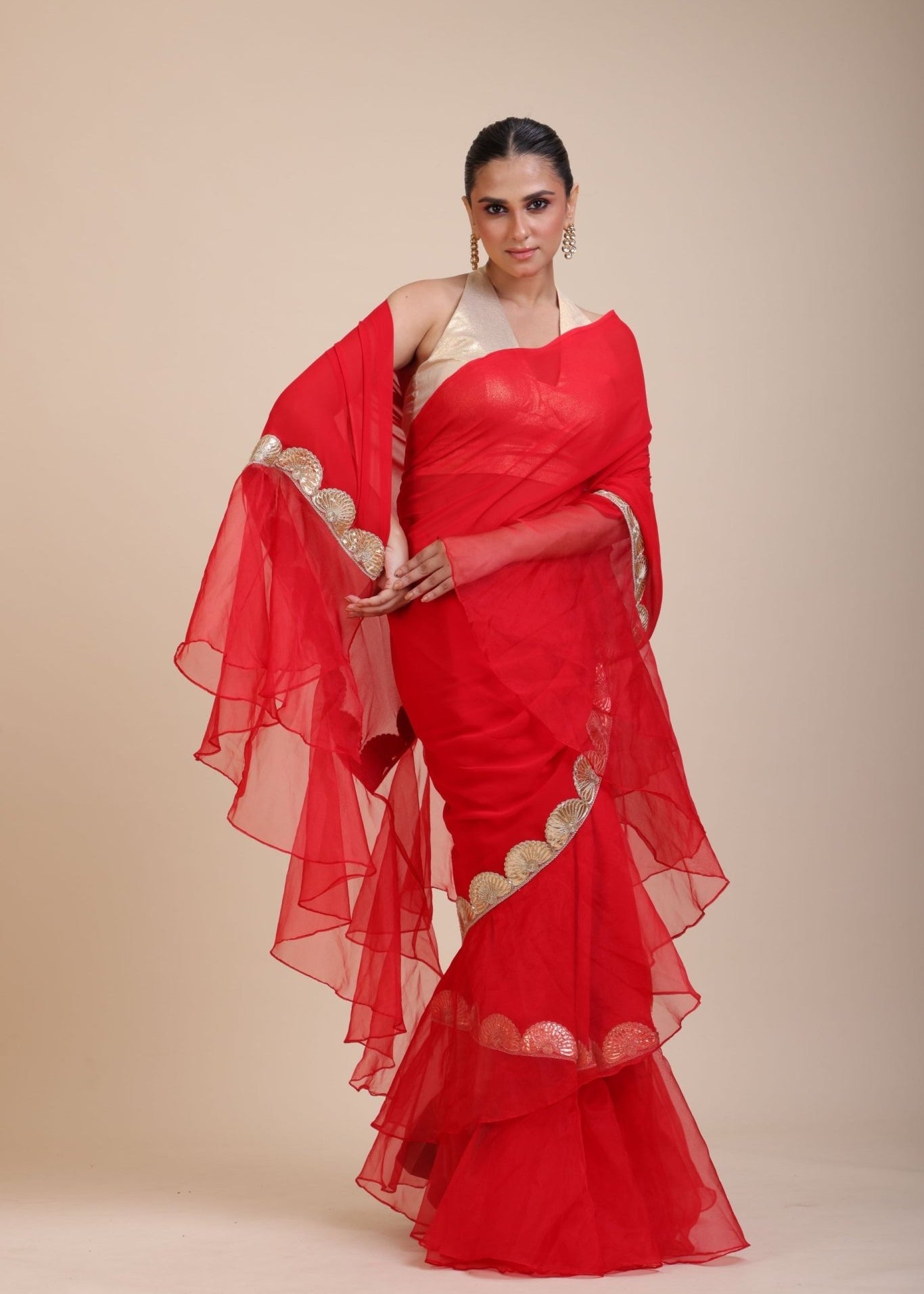 Red Ruffle Organza Saree with Golden Border - Anvi Couture