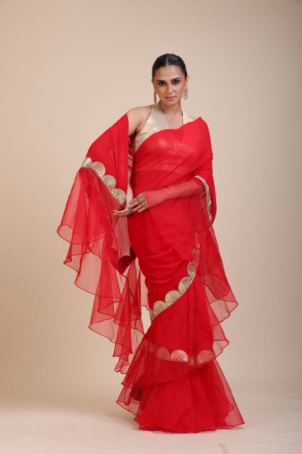 Red Ruffle Organza Saree with Golden Border - Anvi Couture