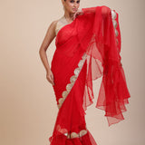 Red Ruffle Organza Saree with Golden Border Front