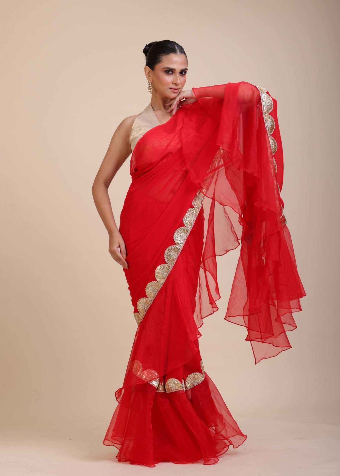 Red Ruffle Organza Saree with Golden Border - Anvi Couture