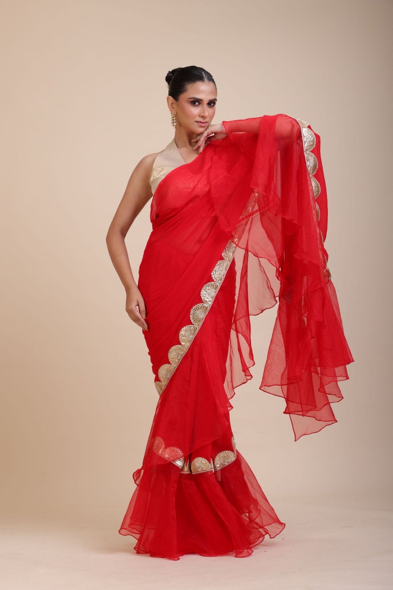 Red Ruffle Organza Saree with Golden Border - Anvi Couture