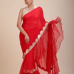Red Ruffle Organza Saree with Golden Border Close Up