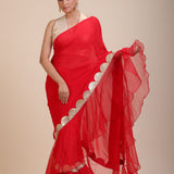 Red Ruffle Organza Saree with Golden Border Close Up