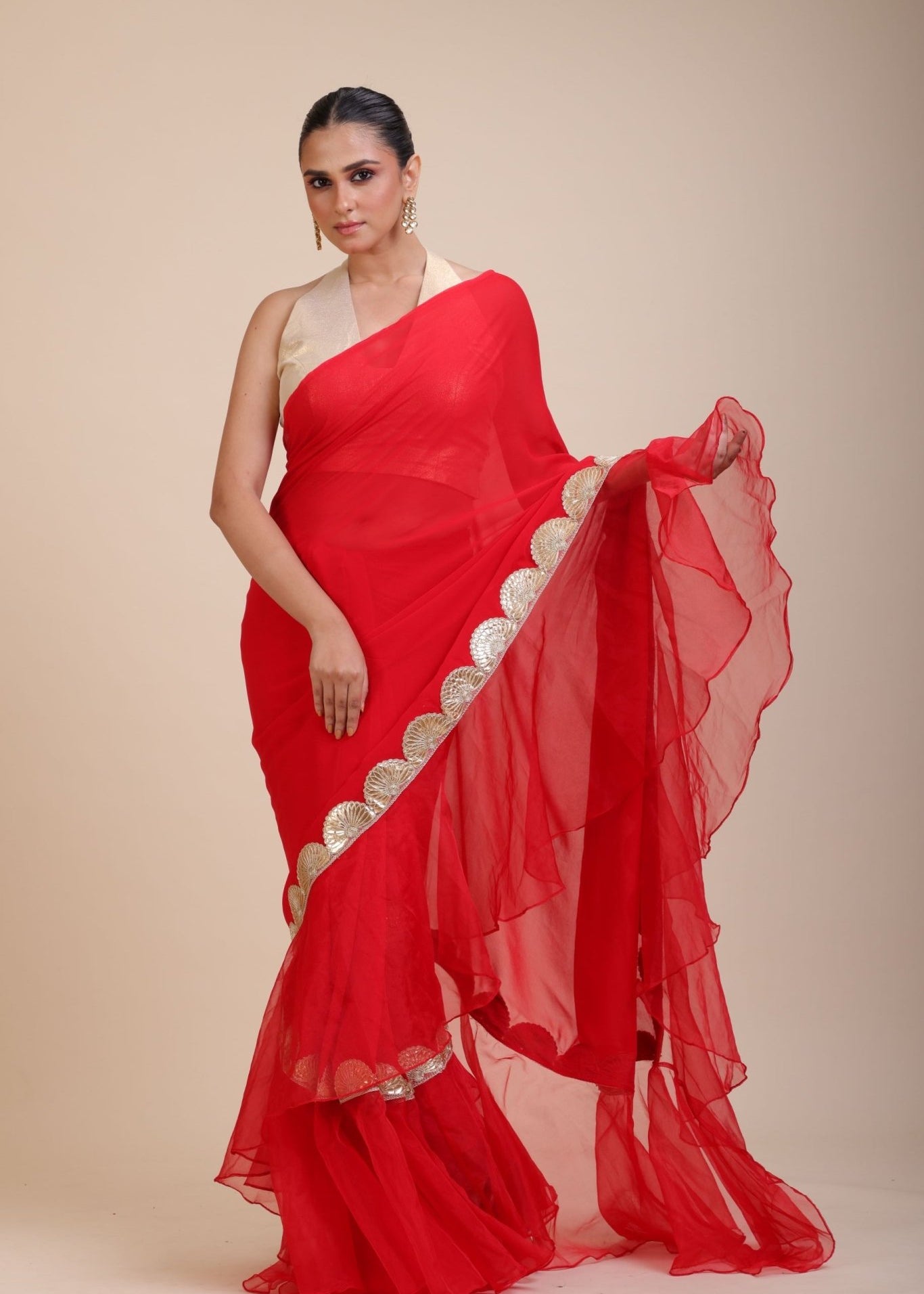 Red Ruffle Organza Saree with Golden Border - Anvi Couture