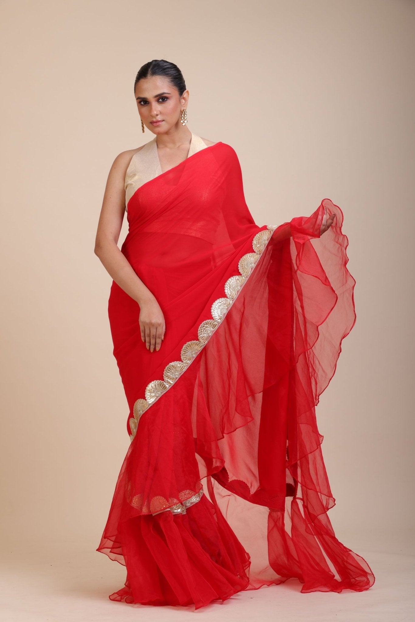 Red Ruffle Organza Saree with Golden Border - Anvi Couture