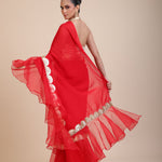 Red Ruffle Organza Saree with Golden Border Back