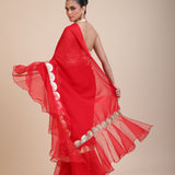 Red Ruffle Organza Saree with Golden Border Back