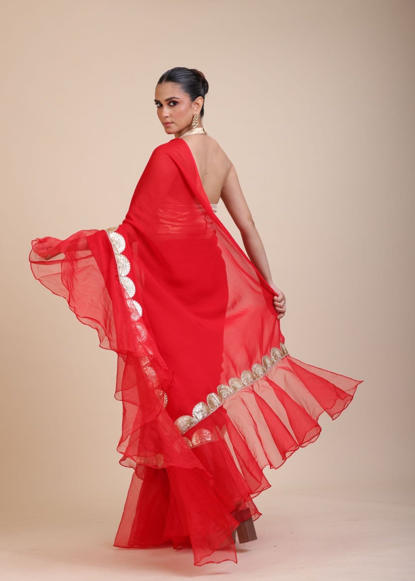 Red Ruffle Organza Saree with Golden Border - Anvi Couture