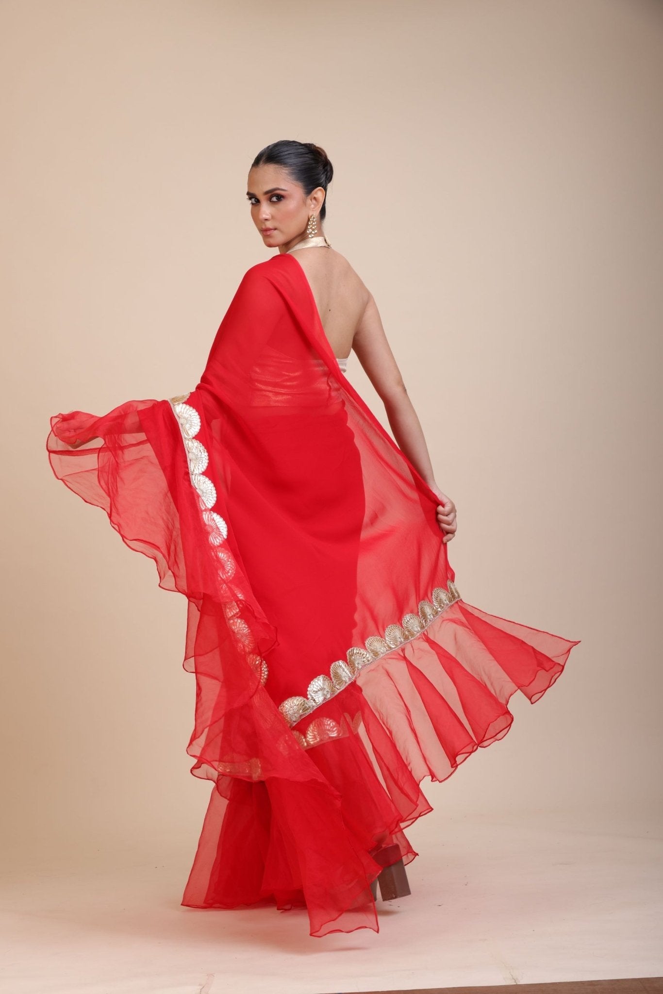 Red Ruffle Organza Saree with Golden Border - Anvi Couture