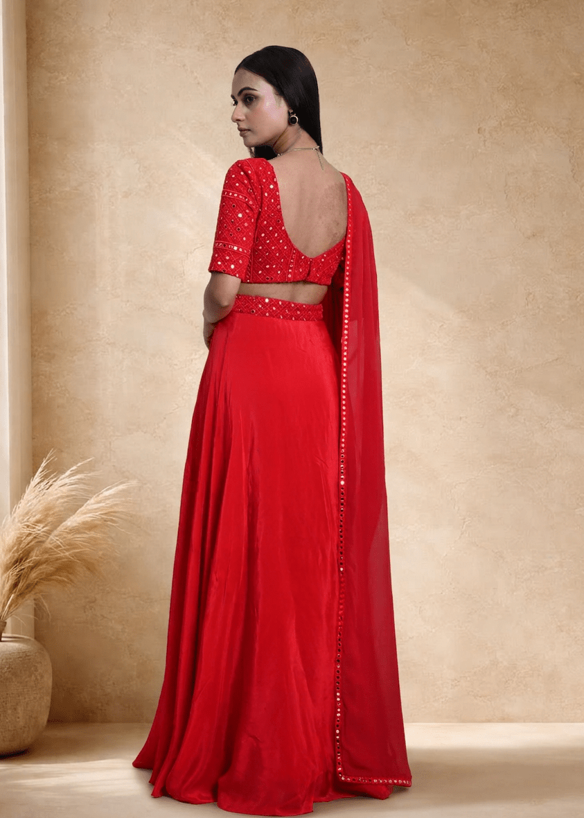 Red Satin Silk Bridal Lehenga Set with Mirror work - Anvi Couture
