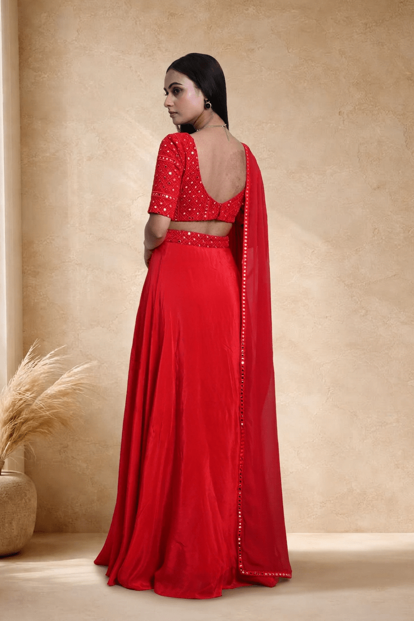 Red Satin Silk Bridal Lehenga Set with Mirror work - Anvi Couture