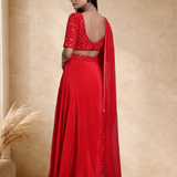 Red Satin Silk Bridal Lehenga Set with Mirror work - Anvi Couture