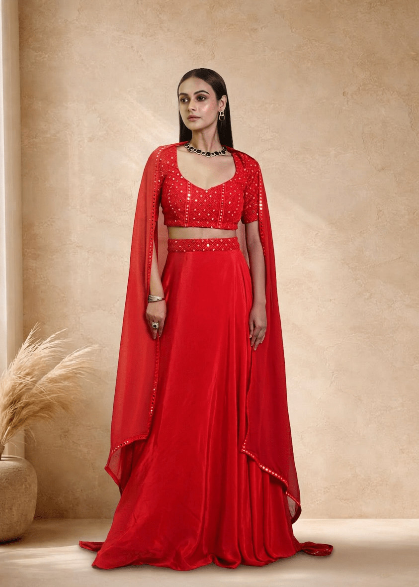 Red Satin Silk Bridal Lehenga Set with Mirror work - Anvi Couture