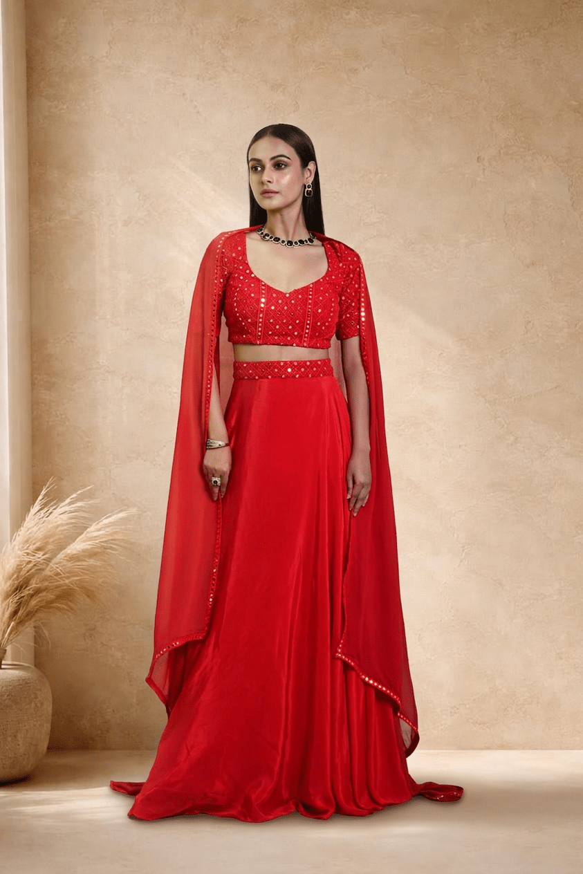 Red Satin Silk Bridal Lehenga Set with Mirror work - Anvi Couture